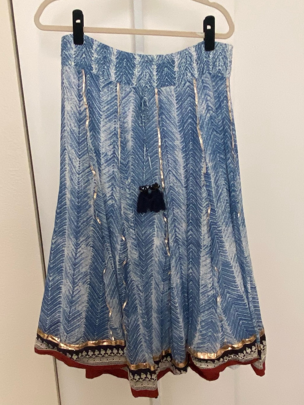 Soft Surroundings Blue Patterned A-Line Skirt with Tassel Trim